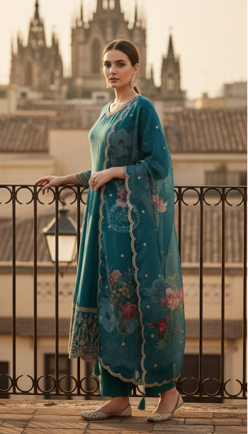 Teal Dola Silk Embroidered Suit Set With Thread Work