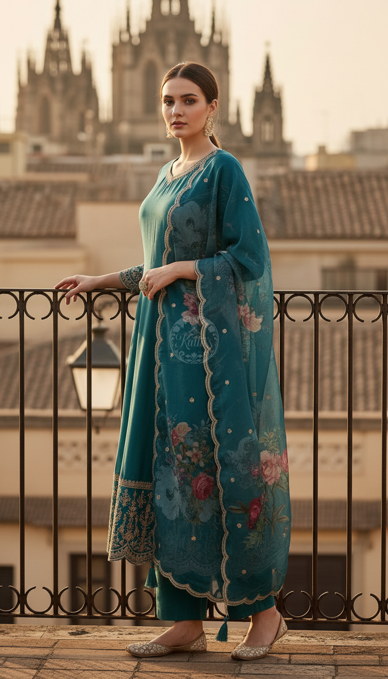 Teal Dola Silk Embroidered Suit Set With Thread Work
