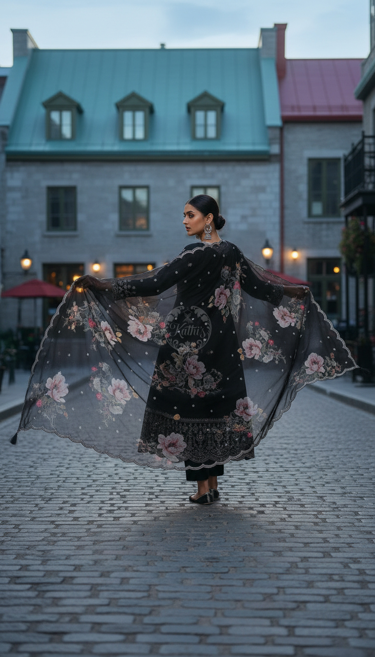 Black Dola Silk Embroidered Suit Set With Sequins