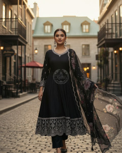 Black Dola Silk Embroidered Suit Set With Sequins