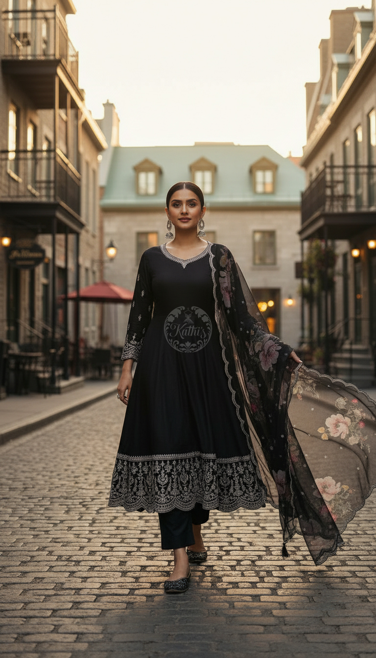 Black Dola Silk Embroidered Suit Set With Sequins