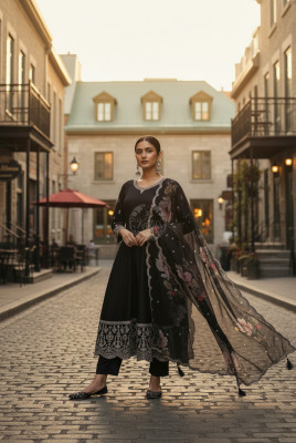 Black Dola Silk Embroidered Suit Set With Sequins