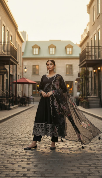Black Dola Silk Embroidered Suit Set With Sequins