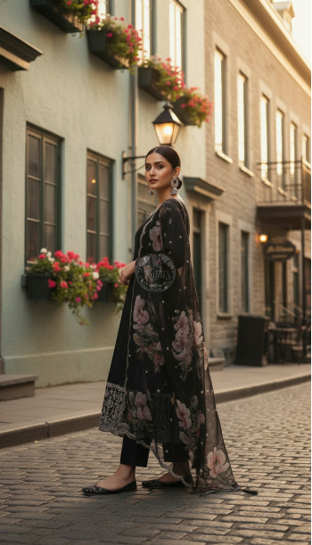 Black Dola Silk Embroidered Suit Set With Sequins
