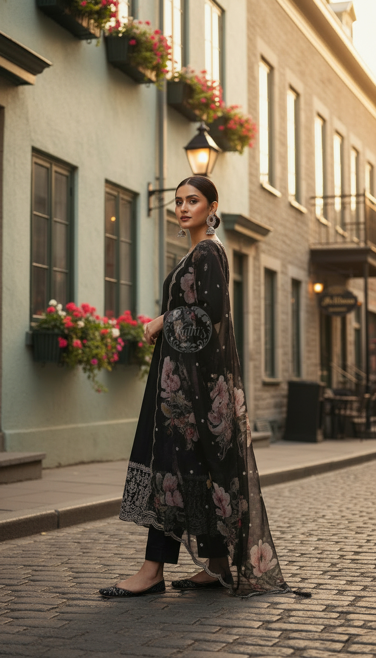 Black Dola Silk Embroidered Suit Set With Sequins