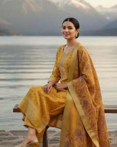 Mustard Dola Silk Floral Print Suit Set With Cutdana