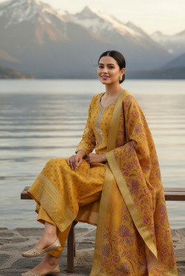 Mustard Dola Silk Floral Print Suit Set With Cutdana