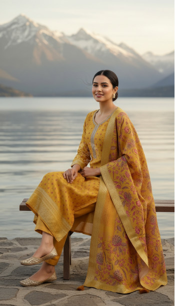 Mustard Dola Silk Floral Print Suit Set With Cutdana