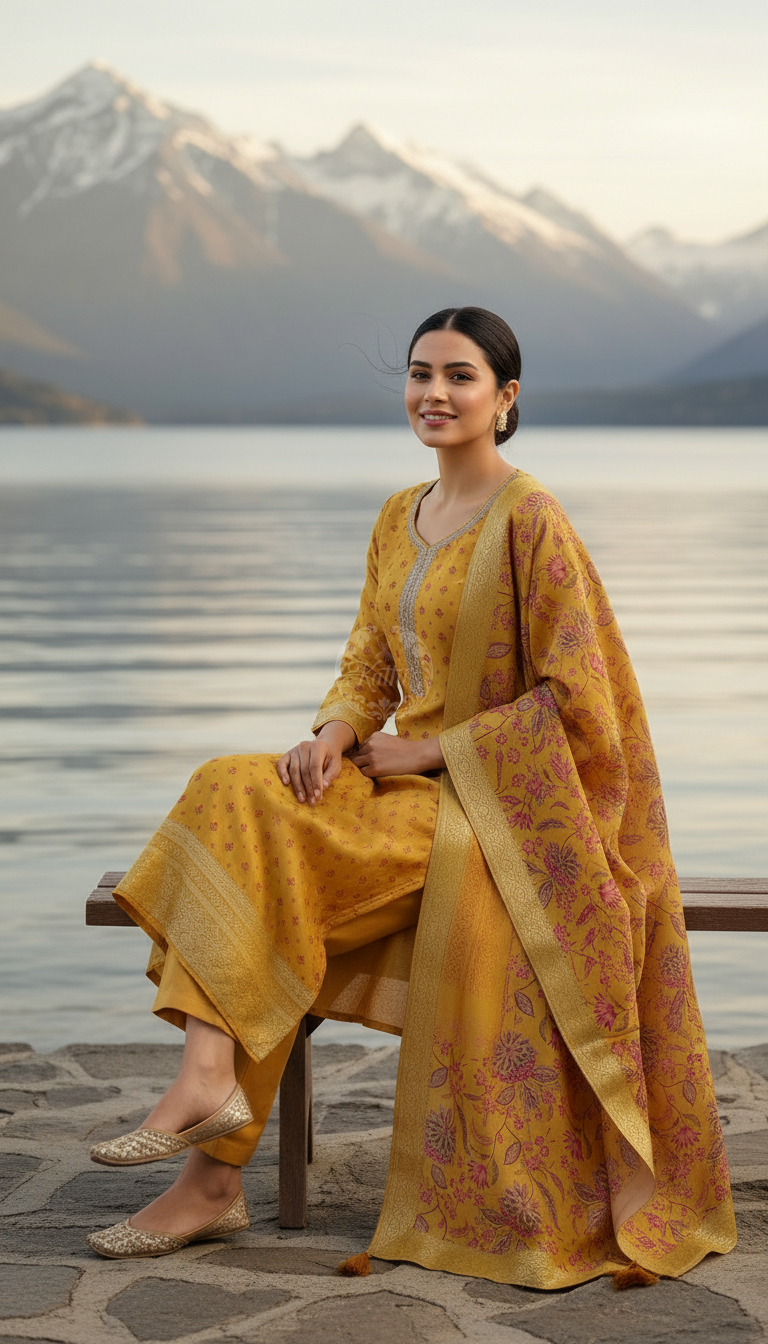 Mustard Dola Silk Floral Print Suit Set With Cutdana