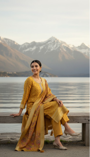 Mustard Dola Silk Floral Print Suit Set With Cutdana