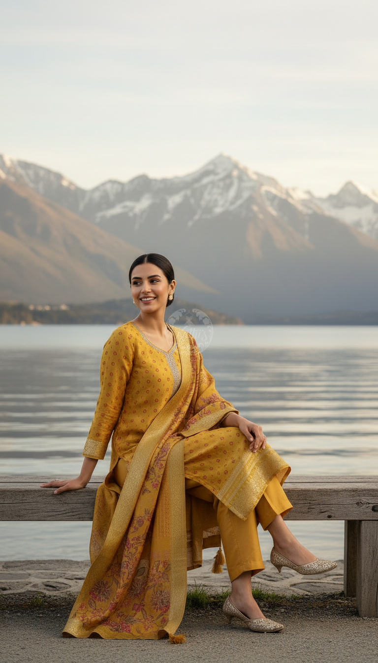 Mustard Dola Silk Floral Print Suit Set With Cutdana