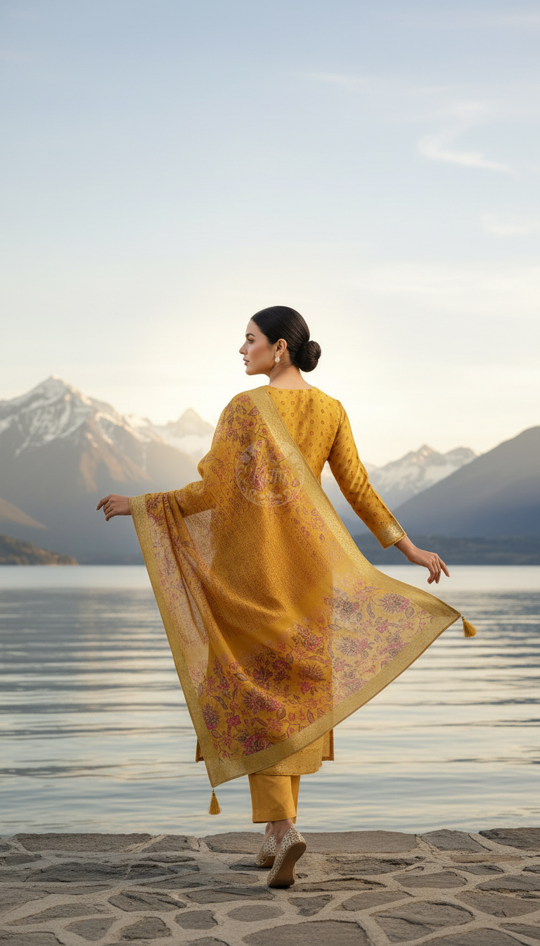 Mustard Dola Silk Floral Print Suit Set With Cutdana