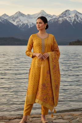 Mustard Dola Silk Floral Print Suit Set With Cutdana
