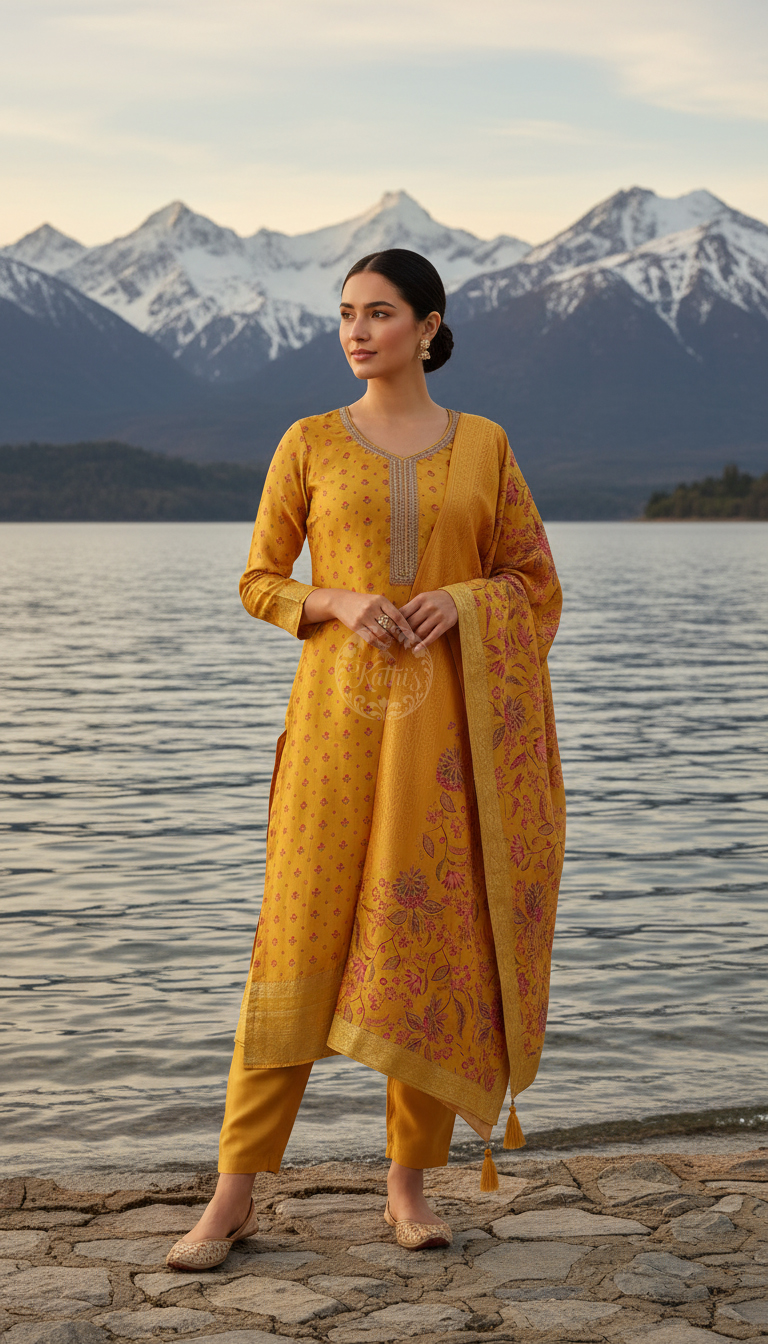 Mustard Dola Silk Floral Print Suit Set With Cutdana