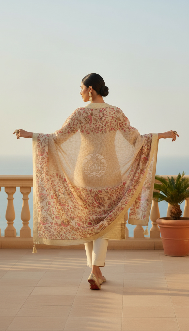 Cream Dola Silk Floral Print Suit Set With Cutdana