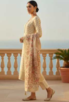 Cream Dola Silk Floral Print Suit Set With Cutdana