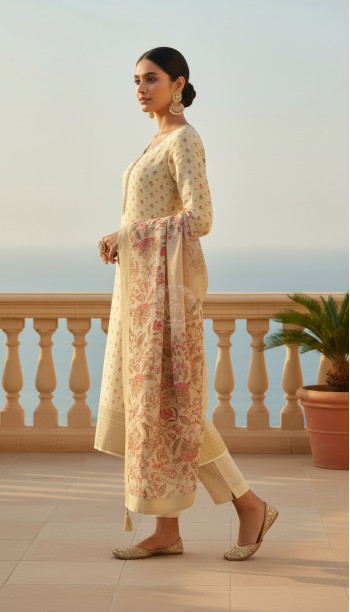 Cream Dola Silk Floral Print Suit Set With Cutdana