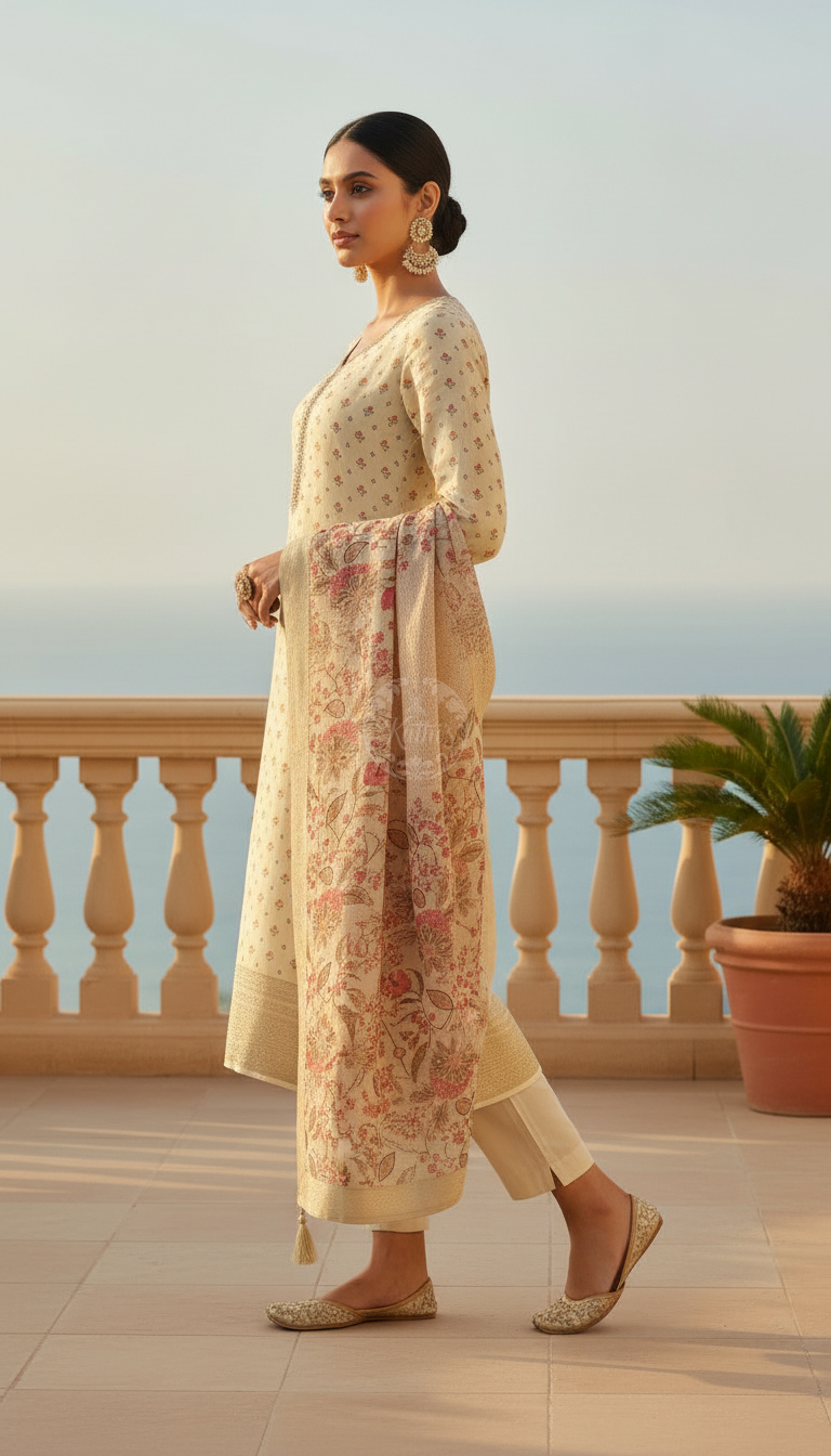 Cream Dola Silk Floral Print Suit Set With Cutdana