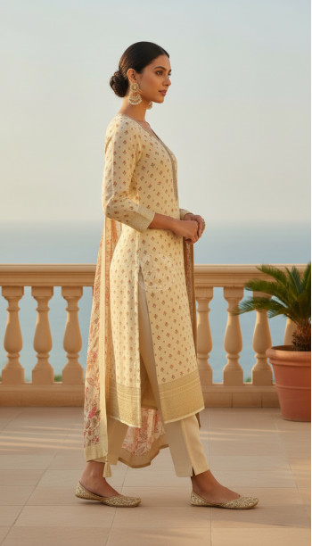 Cream Dola Silk Floral Print Suit Set With Cutdana