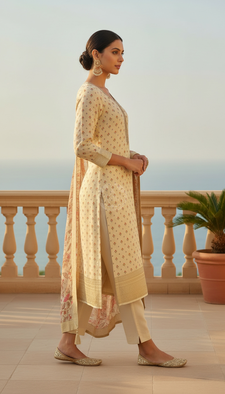 Cream Dola Silk Floral Print Suit Set With Cutdana