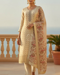 Cream Dola Silk Floral Print Suit Set With Cutdana