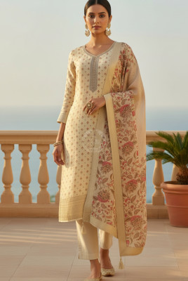 Cream Dola Silk Floral Print Suit Set With Cutdana