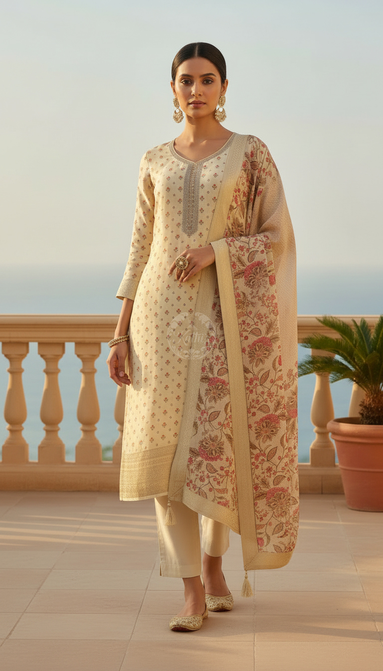 Cream Dola Silk Floral Print Suit Set With Cutdana