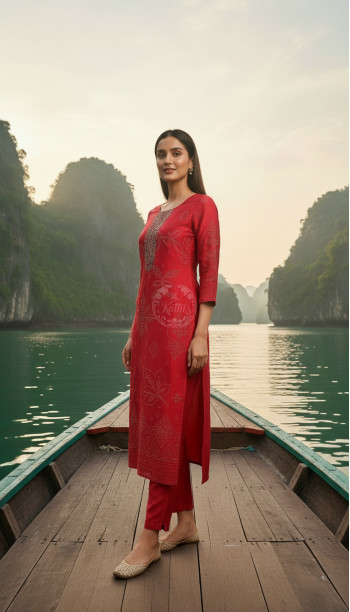 Red Russian Silk Ethnic Motifs Kurta Set With Cutdana