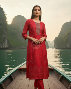 Red Russian Silk Ethnic Motifs Kurta Set With Cutdana