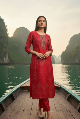 Red Russian Silk Ethnic Motifs Kurta Set With Cutdana