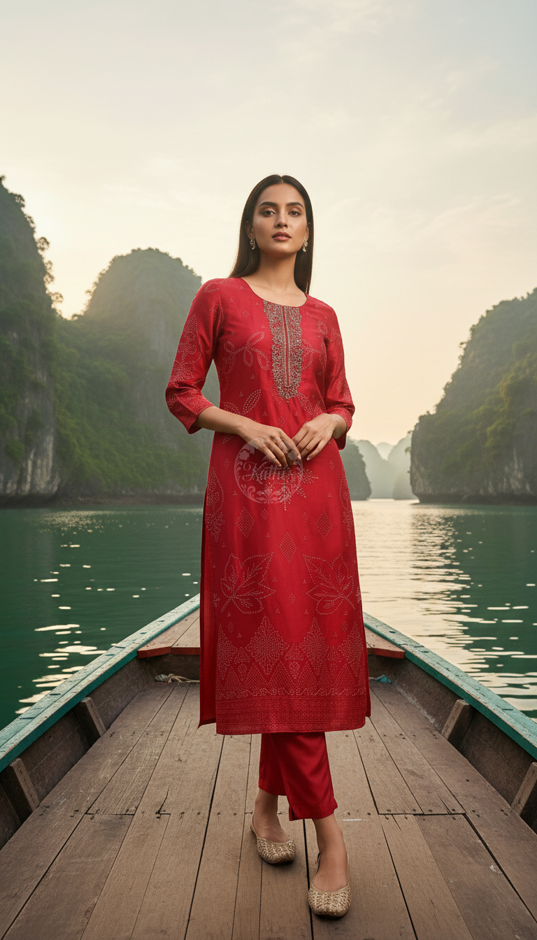 Red Russian Silk Ethnic Motifs Kurta Set With Cutdana