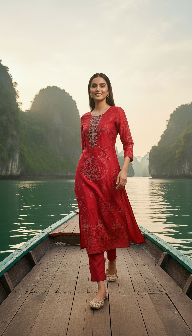 Red Russian Silk Ethnic Motifs Kurta Set With Cutdana