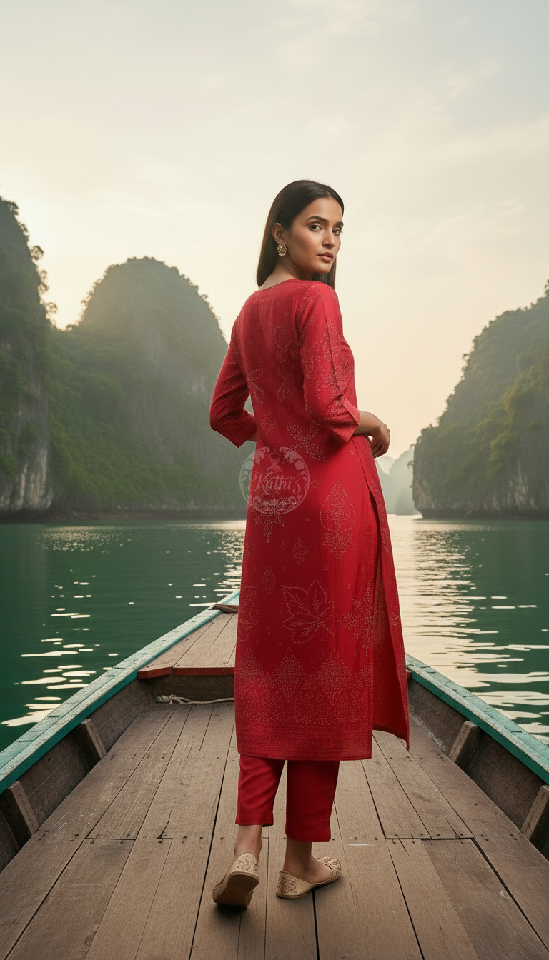 Red Russian Silk Ethnic Motifs Kurta Set With Cutdana