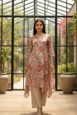 Beige Linen Blend Botanical Print Kurta Set