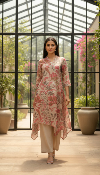 Beige Linen Blend Botanical Print Kurta Set