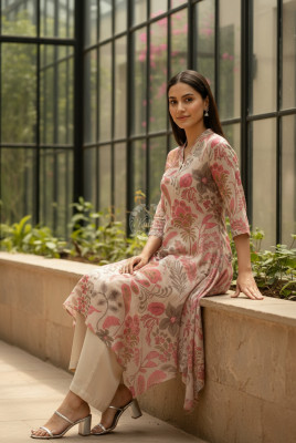 Beige Linen Blend Botanical Print Kurta Set