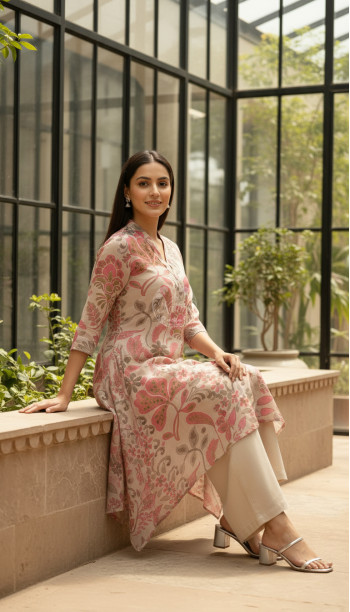 Beige Linen Blend Botanical Print Kurta Set