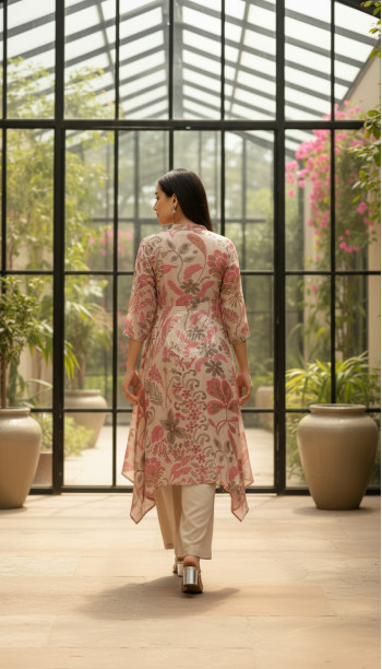 Beige Linen Blend Botanical Print Kurta Set