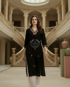 Black Cotton Dobby Embroidered Kurta With Thread Work