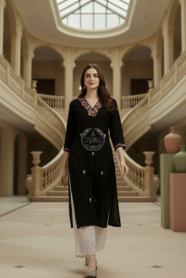 Black Cotton Dobby Embroidered Kurta With Thread Work