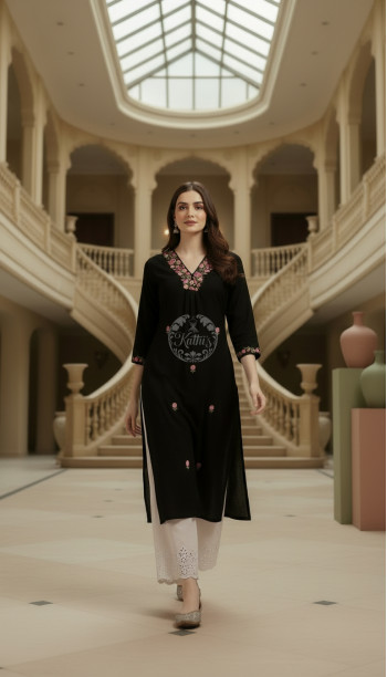 Black Cotton Dobby Embroidered Kurta With Thread Work