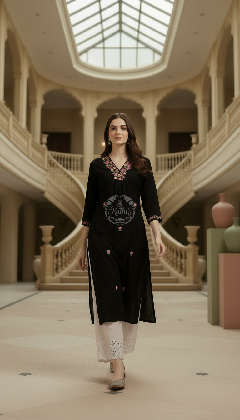 Black Cotton Dobby Embroidered Kurta With Thread Work