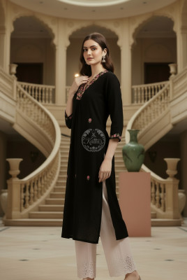 Black Cotton Dobby Embroidered Kurta With Thread Work