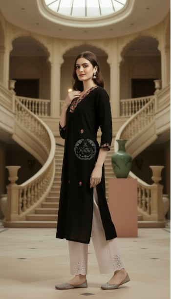Black Cotton Dobby Embroidered Kurta With Thread Work