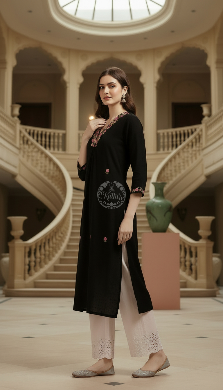 Black Cotton Dobby Embroidered Kurta With Thread Work