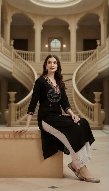 Black Cotton Dobby Embroidered Kurta With Thread Work