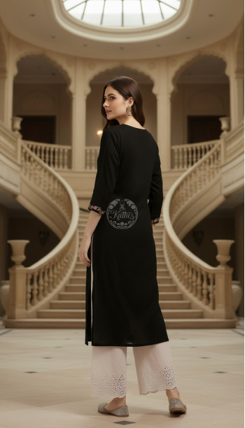 Black Cotton Dobby Embroidered Kurta With Thread Work