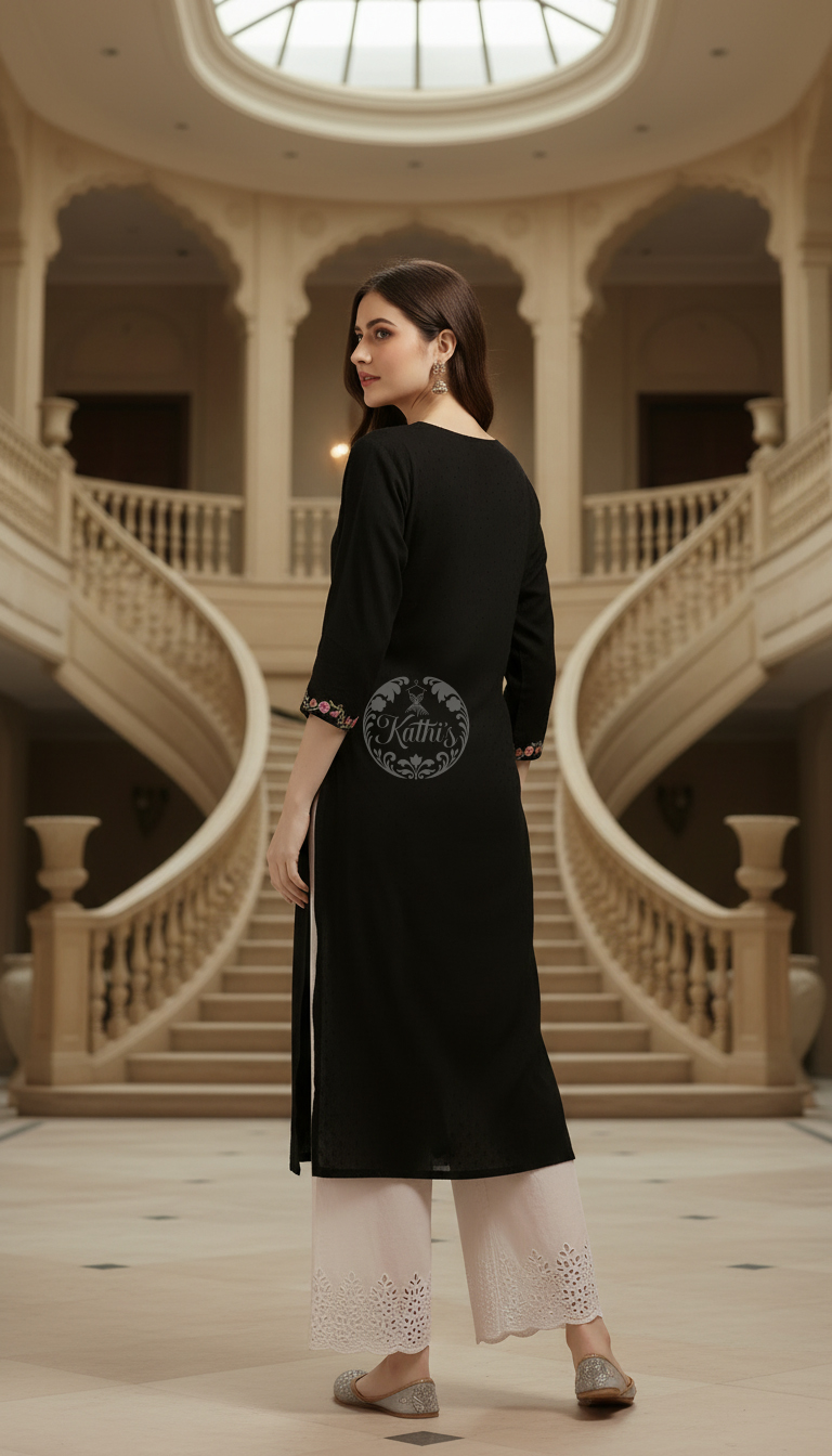 Black Cotton Dobby Embroidered Kurta With Thread Work