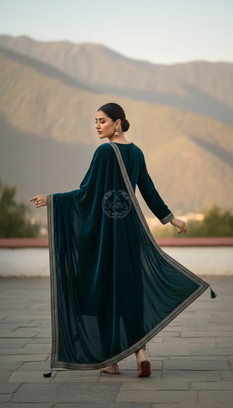 Teal Velvet Zari Embroidered Salwar Suit