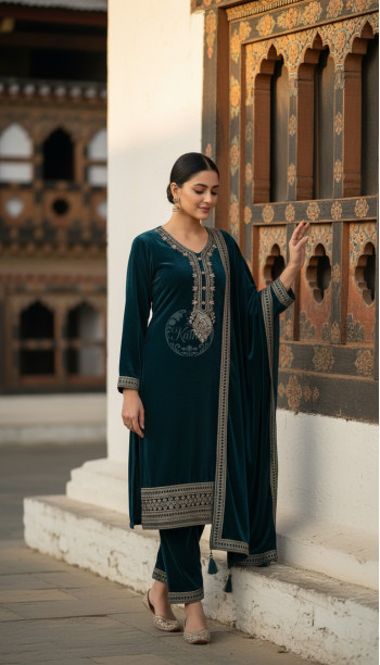 Teal Velvet Zari Embroidered Salwar Suit